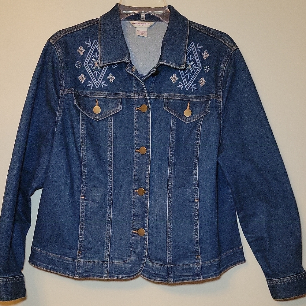 Allison Daley Petite Blue Embroidered Denim Jacket Size 14P Southwestern Boho